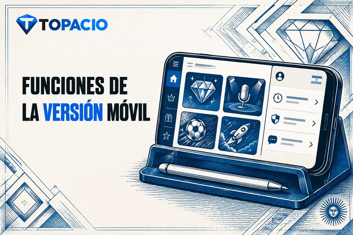 Panel móvil con juegos, pagos, límites y acceso a ayuda.