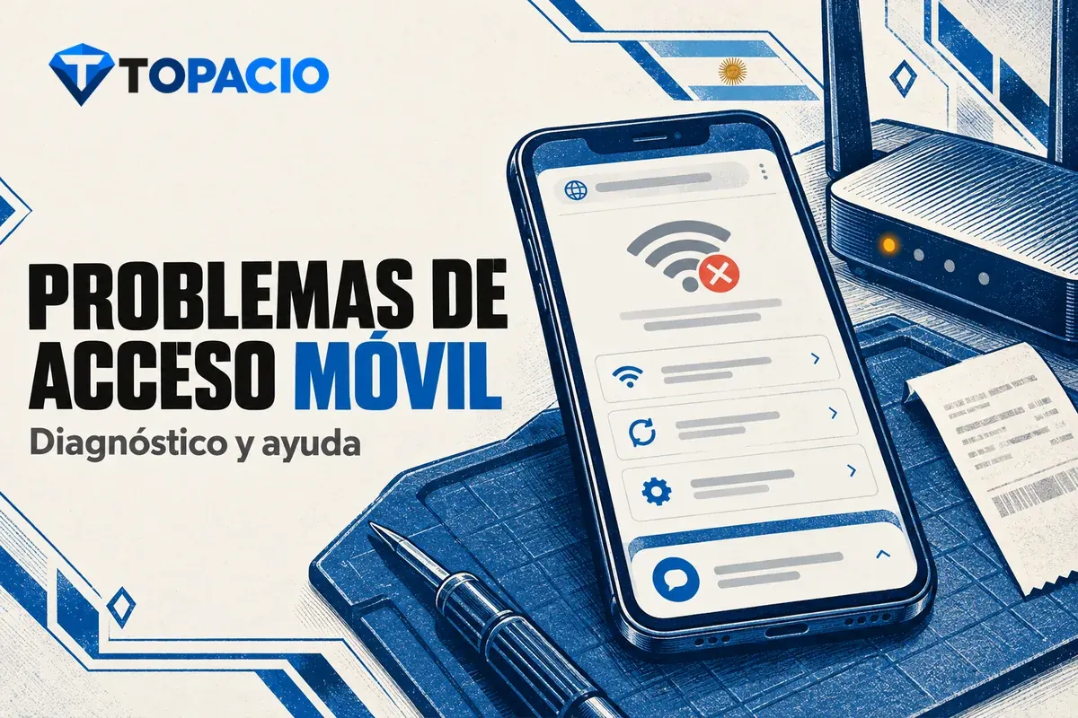 Celular con error de conexión, comprobante y opciones de soporte.
